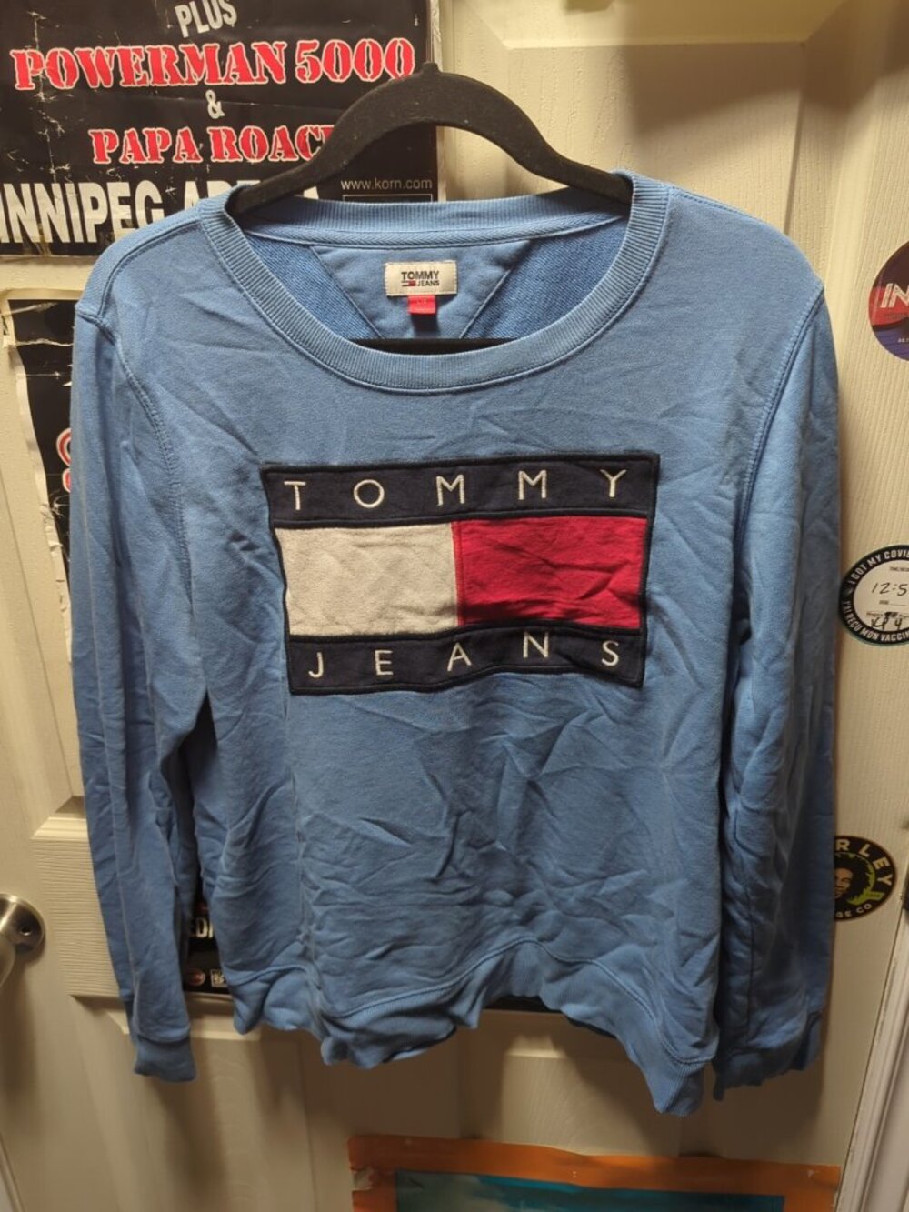 Tommy Jeans Jumper Mens Large Sky Blue Big Flag Patch Logo Retro 90s Hip Hop